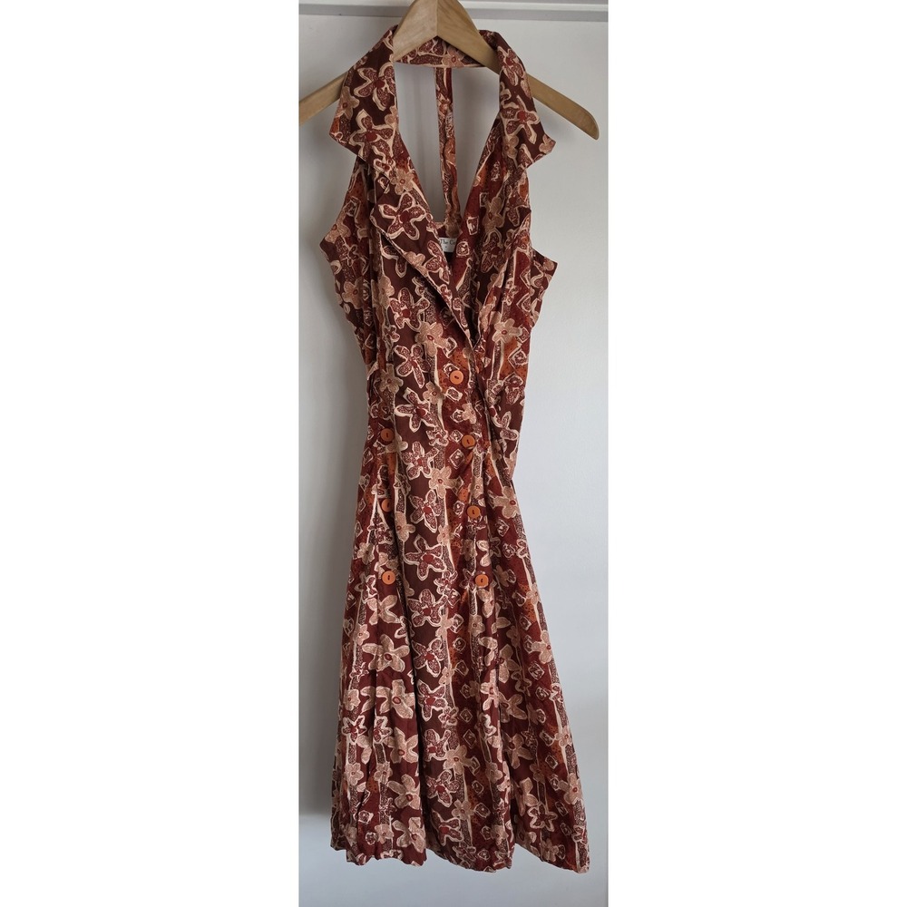 VTG The Cotton Collection Midi Halter Dress L Maroon Floral Sleeveless Collared